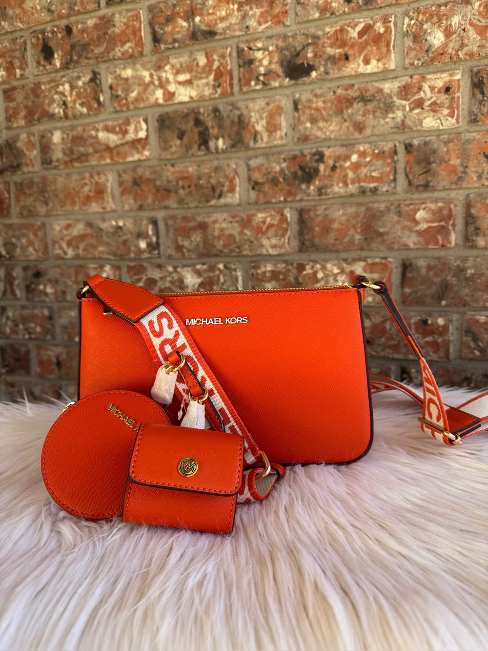 Michael Kors Orange Saffiano Leather Crossbody Trio with Branded Strap